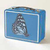 Schwarzer Schmetterling mit blauen Flecken, Metall Brotdose (Rückseite)