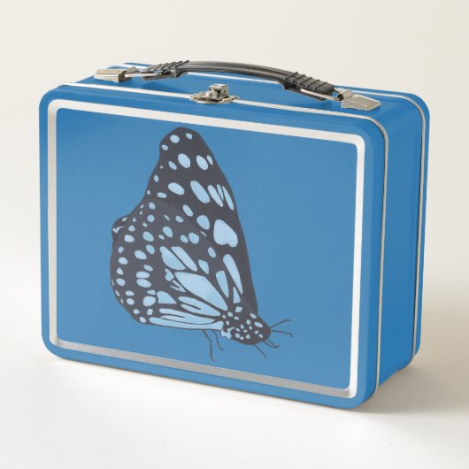 Schwarzer Schmetterling mit blauen Flecken, Metall Brotdose (Vorderseite)