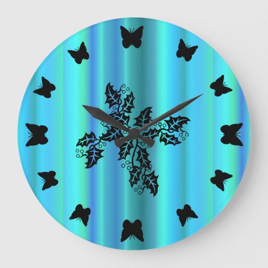 Schwarzer Schmetterling mit blaugrünem Regenbogen Große Wanduhr (Vorderseite)