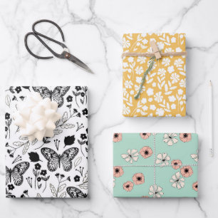 Schwarzer Schmetterling Pastell Blumen Geschenkpapier Set