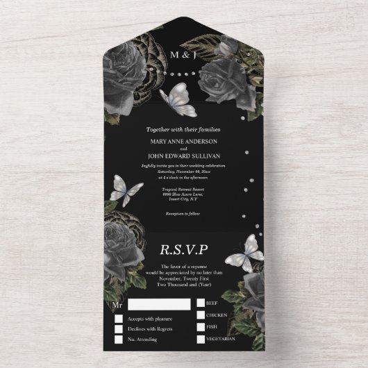 Schwarzer Schmetterling Rose Blumenschmuck  All In One Einladung (Innen)