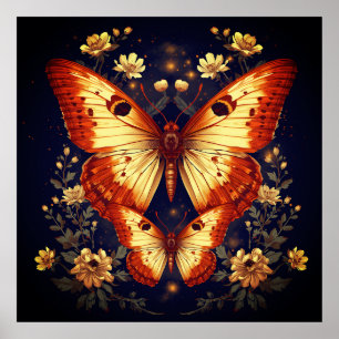Schwarzer Schmetterling und florale Kunst - Druck  Poster