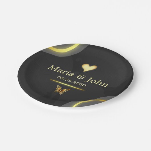 Schwarzer Schmetterlingspapier-Teller Pappteller (Schrägansicht)