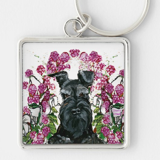 Schwarzer Schnauzer-Blumenstrauß Schlüsselanhänger (Vorne)