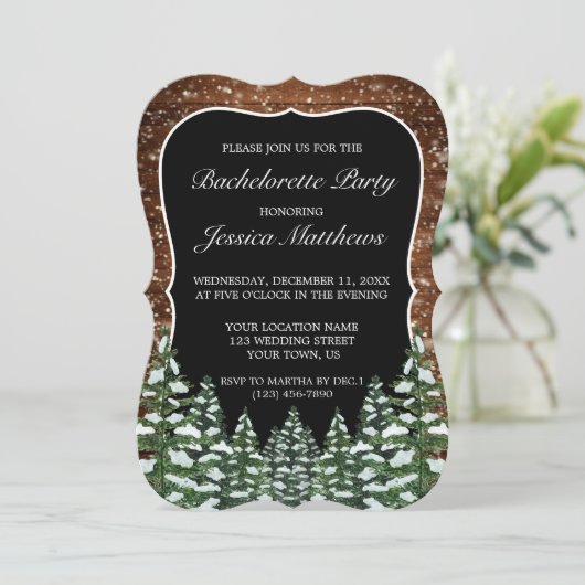 Schwarzer Schneewald Junggeselinnen-Abschied Einladung (Stehend Vorderseite)