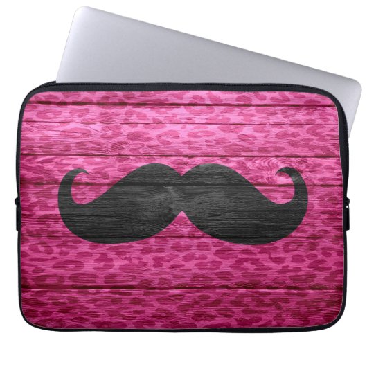 Schwarzer Schnurrbart auf Hot Pink Leopard Holz Laptopschutzhülle (Vorderseite)