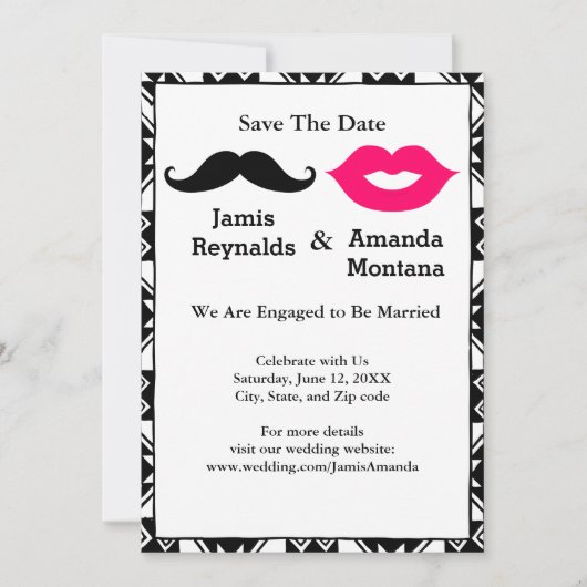 Schwarzer Schnurrbart und rosa Lippen Save the Dat Einladung (Vorderseite)