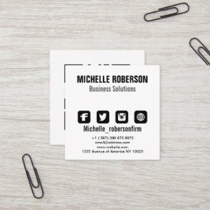 Schwarzer Schriftart, qr Code und Symbole auf Quadratische Visitenkarte