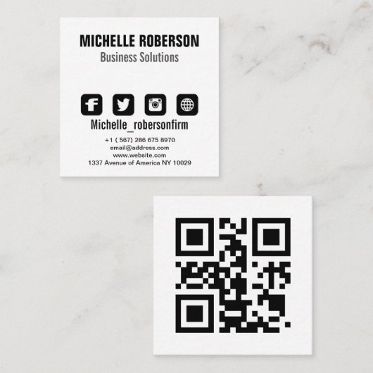 Schwarzer Schriftart, QR-Code und Zeichen auf weiß Quadratische Visitenkarte (Vorne/Hinten)