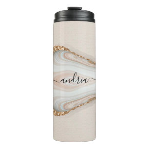 Schwarzer Schriftname auf Marmor und Goldglitter 2 Thermosbecher