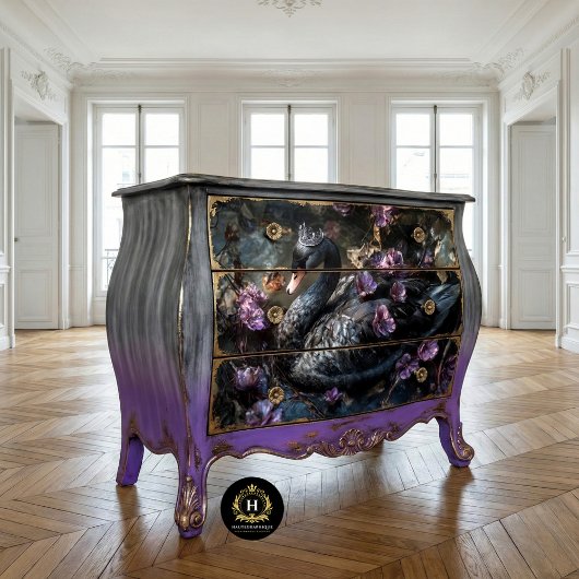 Schwarzer Schwan mit Lila Florals Decoupage Seidenpapier