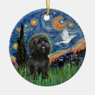 Schwarzer Shih Tzu in "Sternennacht" inspiriertem Keramik Ornament