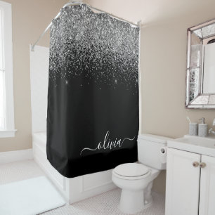 Schwarzer Silber Glitter Mädchen Monogramm Name Ba Duschvorhang