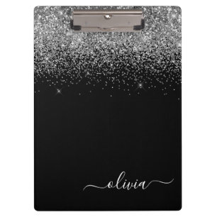 Schwarzer Silber Glitter Mädchen Monogramm Name Klemmbrett