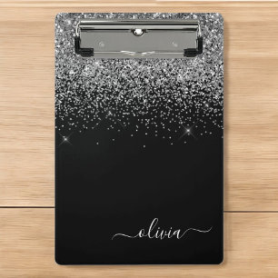 Schwarzer Silber Glitter Mädchen Monogramm Name Mini Klemmbrett