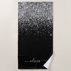 Schwarzer Silber Glitter Mädchen Monogramm Name Strandtuch