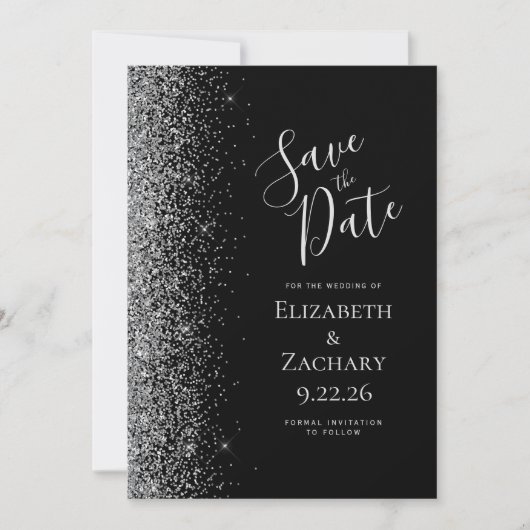 Schwarzer Silber Glitzer Edge Save the Date Ankündigung (Vorderseite)