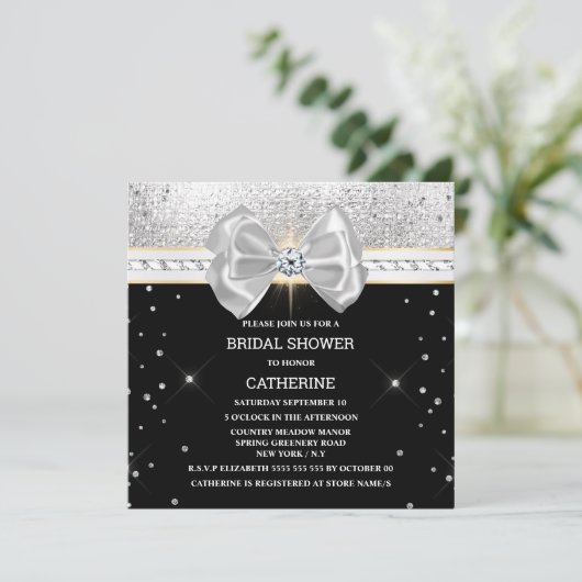 Schwarzer Silberbug-Glitzer strahlt elegant Einladung (Stehend Vorderseite)