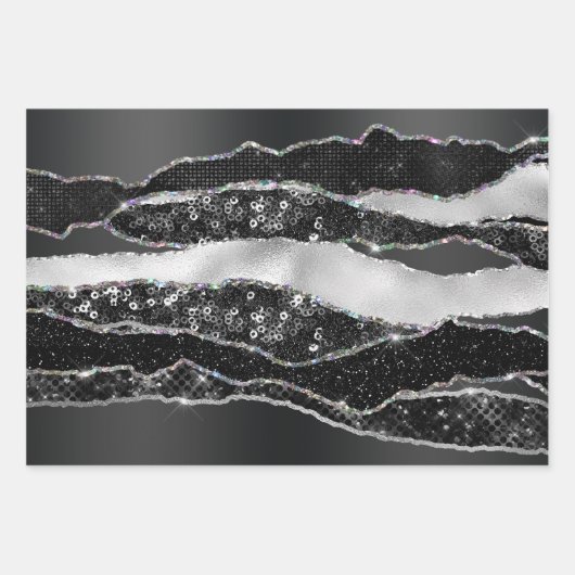 Schwarzer Silberfolie Glitzer elegant elegant eleg Geschenkpapier Set (Vorderseite)