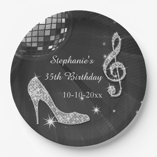 Schwarzer/silberner Disco-Ball und Heels-35. Pappteller (Vorderseite)