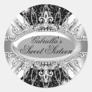 Schwarzer & Silberner Glitzer-Diamant-Sweet-16-Auf Runder Aufkleber