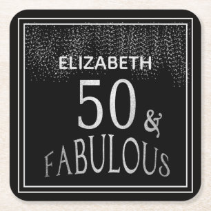 Schwarzer silberner Glitzer fünfzig und fabelhaft Rechteckiger Pappuntersetzer