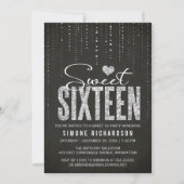Schwarzer & Silberner Glitzer Sweet 16 Einladung (Vorderseite)