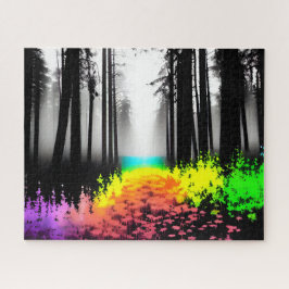 Schwarzer Silhouette-Wald mit Regenbogenfarben Puzzle