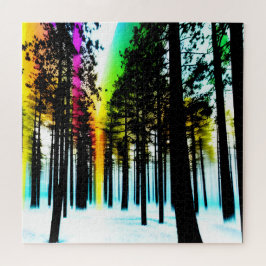 Schwarzer Silhouette-Wald mit Regenbogenfarben Puzzle
