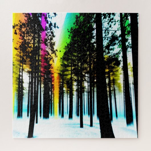 Schwarzer Silhouette-Wald mit Regenbogenfarben Puzzle (Horizontal)