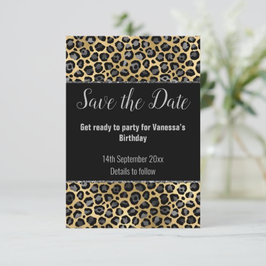 SCHWARZER SILVER GLITZER LEOPARD SAVE THE DATE RSVP KARTE (Stehend Vorderseite)