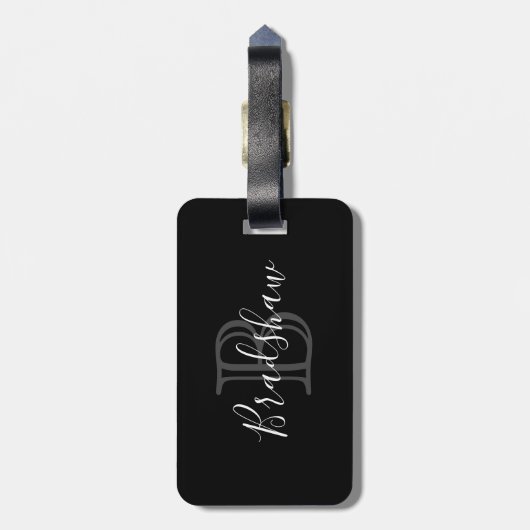 Schwarzer Silver Monogram Individuelle Name Gepäckanhänger (Rückseite vertikal)