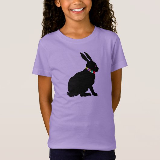 Schwarzer Sitzbunny in Silhouette Form Blume T-Shirt (Vorderseite)