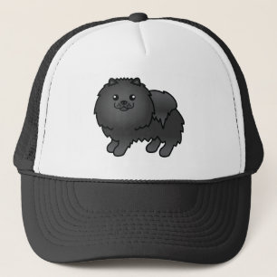 Schwarzer Spitz Hund Cartoon Illustration Truckerkappe