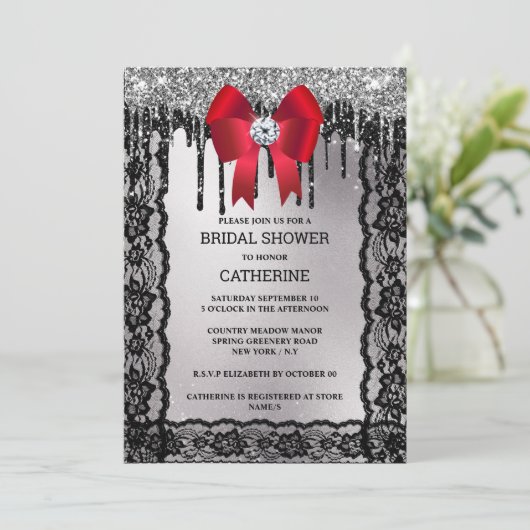 Schwarzer Spitzendiamant Roter Bug Silber Glitzer  Einladung (Stehend Vorderseite)