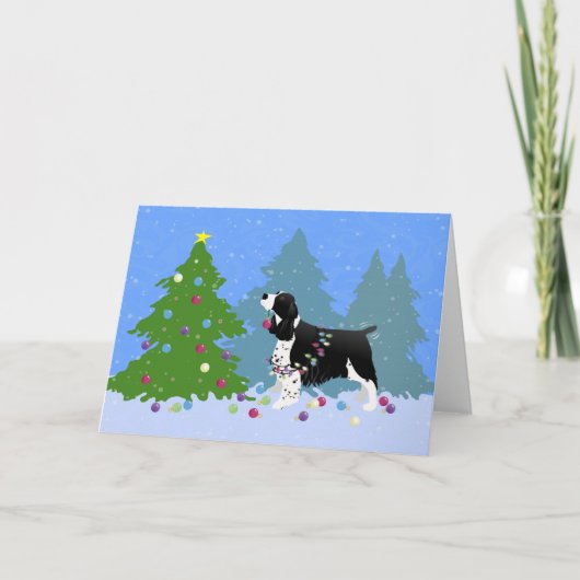 Schwarzer SpringerSpaniel, der Weihnachtsbaum Feiertagskarte (Vorderseite)