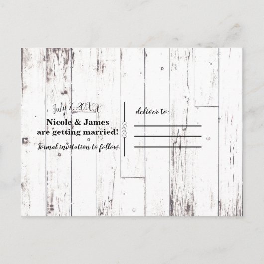 Schwarzer Stall Weißholz Rustikale Hochzeit retten Ankündigungspostkarte (Rückseite)