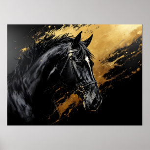 Schwarzer Stallion auf Schwarz und Gold mit Weiß Poster