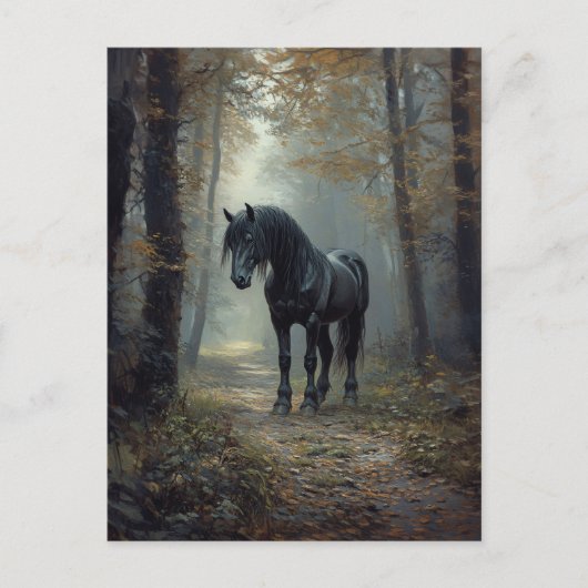 Schwarzer Stallion im Wald Postkarte (Vorderseite)