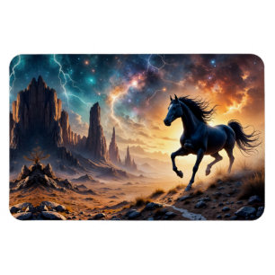 Schwarzer Stallion in der Wüstennebel leuchten Ste Magnet
