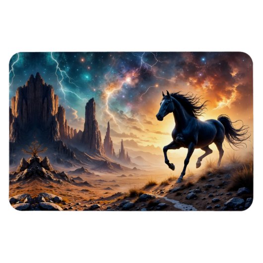 Schwarzer Stallion in der Wüstennebel leuchten Ste Magnet (Horizontal)