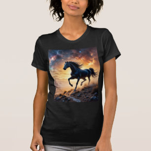 Schwarzer Stallion in der Wüstennebel leuchten Ste T-Shirt