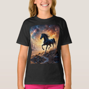 Schwarzer Stallion in der Wüstennebel leuchten Ste T-Shirt