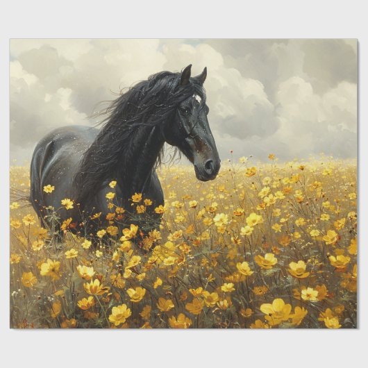 Schwarzer Stallion mit gelben Wildblumen Decoupage Geschenkpapier (Flach)