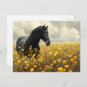 Schwarzer Stallion mit gelben Wildblumen Postkarte (Vorne/Hinten)