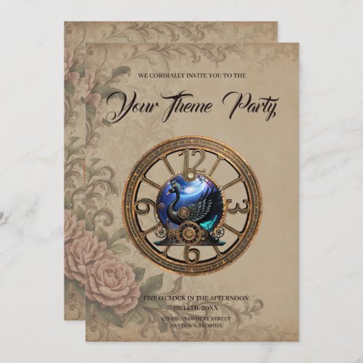 Schwarzer Steampunk mit Uhren und Gängen. Einladung (Vorne/Hinten)