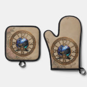 Schwarzer Steampunk mit Uhren und Gängen. Ofenhandschuh & Topflappen-Set (Vorderseite)