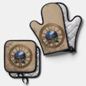 Schwarzer Steampunk mit Uhren und Gängen. Ofenhandschuh & Topflappen-Set (Vorderseite/Rückseite)