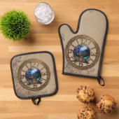 Schwarzer Steampunk mit Uhren und Gängen. Ofenhandschuh & Topflappen-Set (Oben Unten)