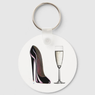 Schwarzer Stilett-Schuh und Champagne-Glas Schlüsselanhänger